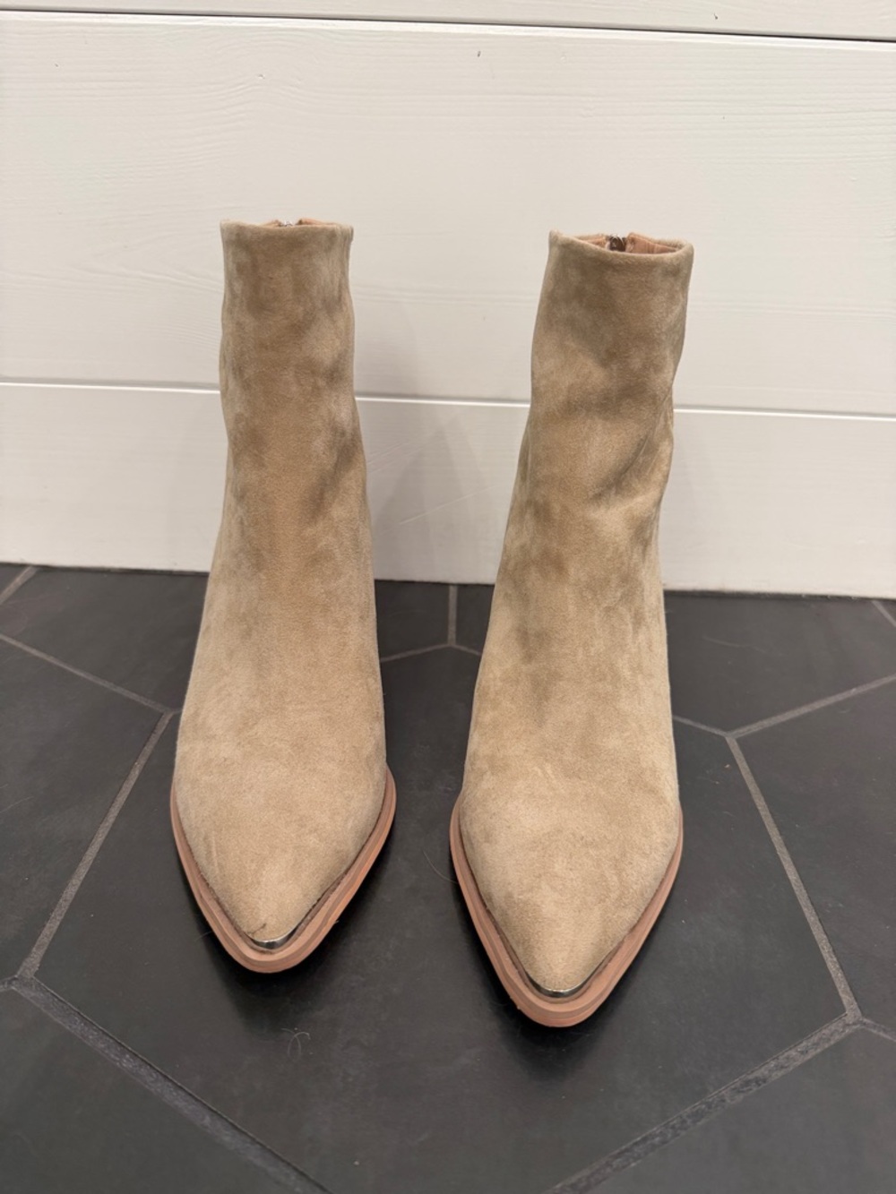 Steve Madden Taupe Suede Pointed Ankle Boots - Picture 2 of 9